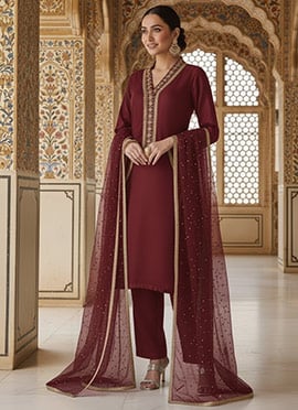Maroon Silk Zari Hand Embroidered Sequins Straight Pant Suit