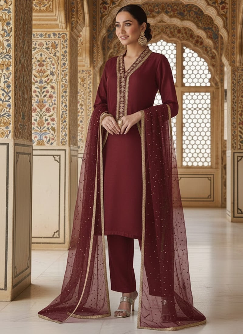 Maroon Silk Zari Hand Embroidered Sequins Straight Pant Suit Festive Wear