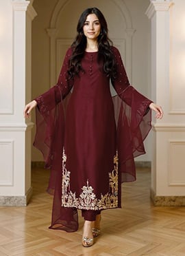 Maroon Silk Zari Hand Embroidered Sequins Straight Pant Suit