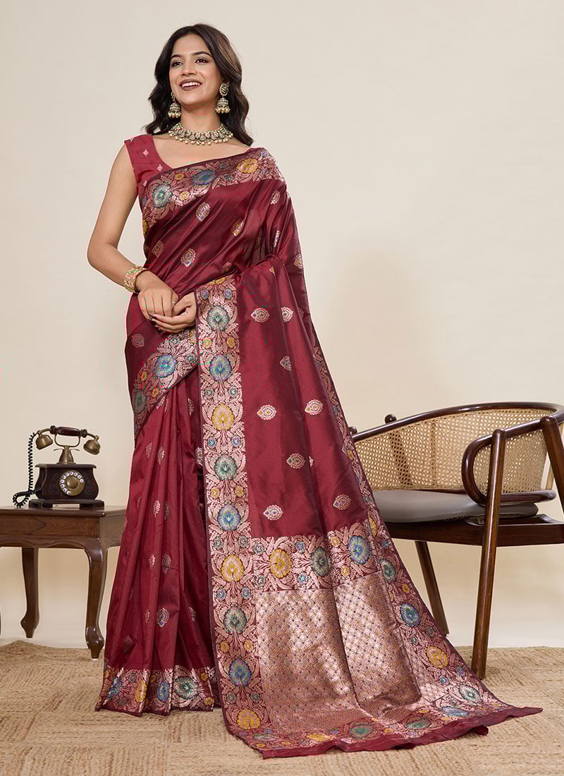 Maroon Silk Zari Jacquard Saree Festive Wear