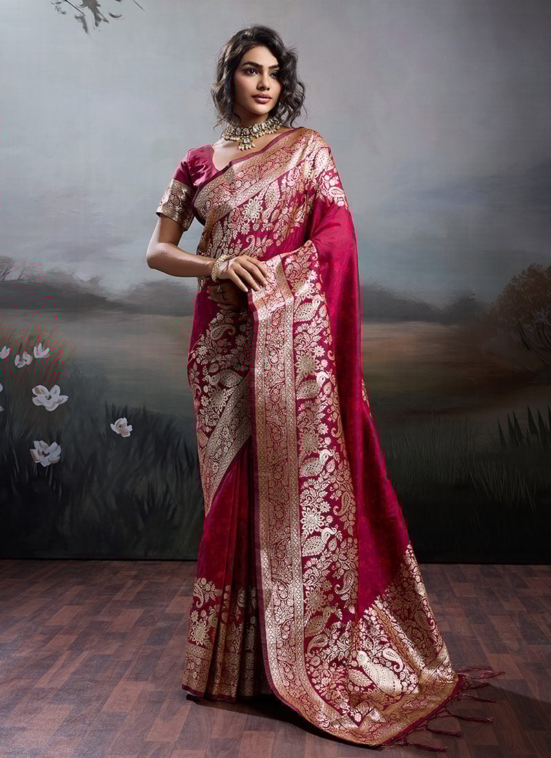 Maroon Silk Zari Jacquard Woven Saree Festive Wear