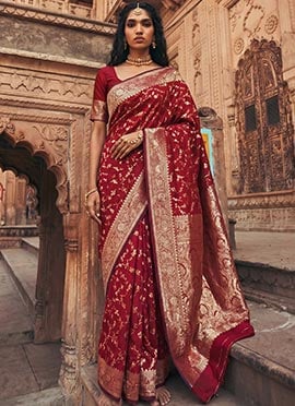 Maroon Silk Zari Jacquard Woven Saree
