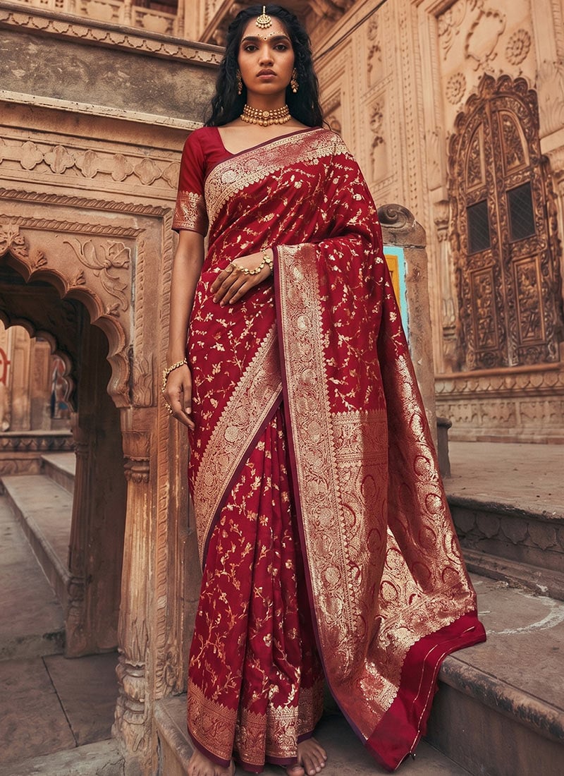 Maroon Silk Zari Jacquard Woven Saree Festive Wear