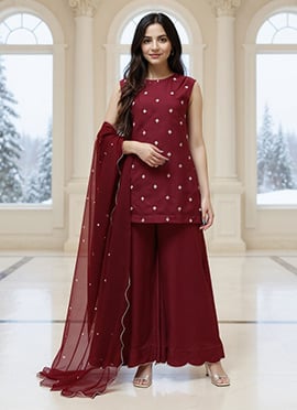 Maroon Silk Zari Moti Hand Embroidered Palazzo Suit
