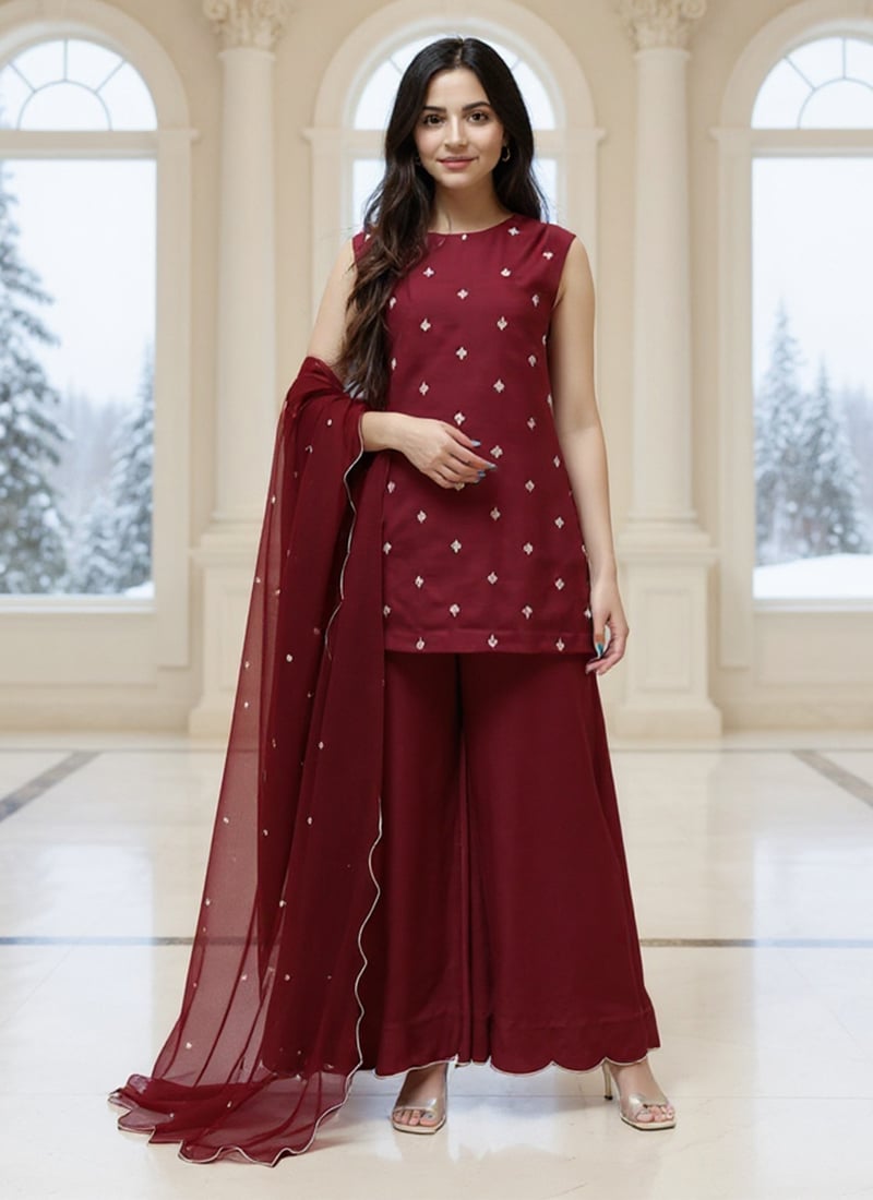 Maroon Silk Zari Moti Hand Embroidered Palazzo Suit Festive Wear