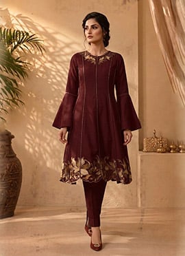 Maroon Silk Zari Resham Embroidery A Line Kurta Pant Set