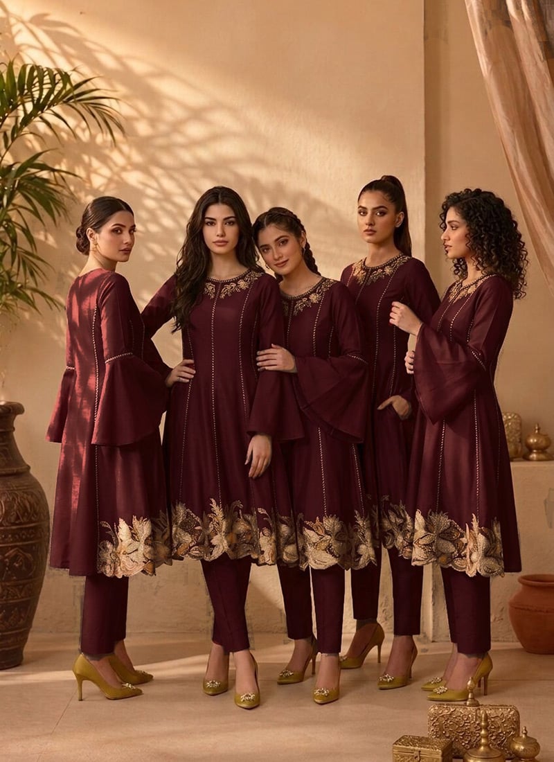 Maroon Silk Zari Resham Embroidery A Line Kurta Pant Set After Six Wear