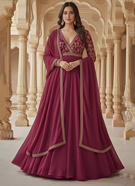 Deep Wine Silk Zari Sequins Anarkali Suit