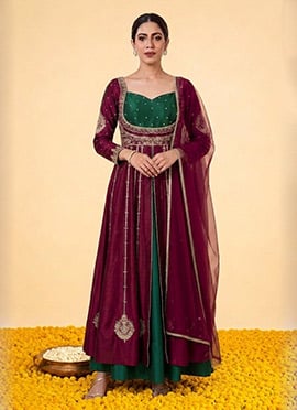 Maroon Silk Zari Sequins Embroidered Anarkali Suit