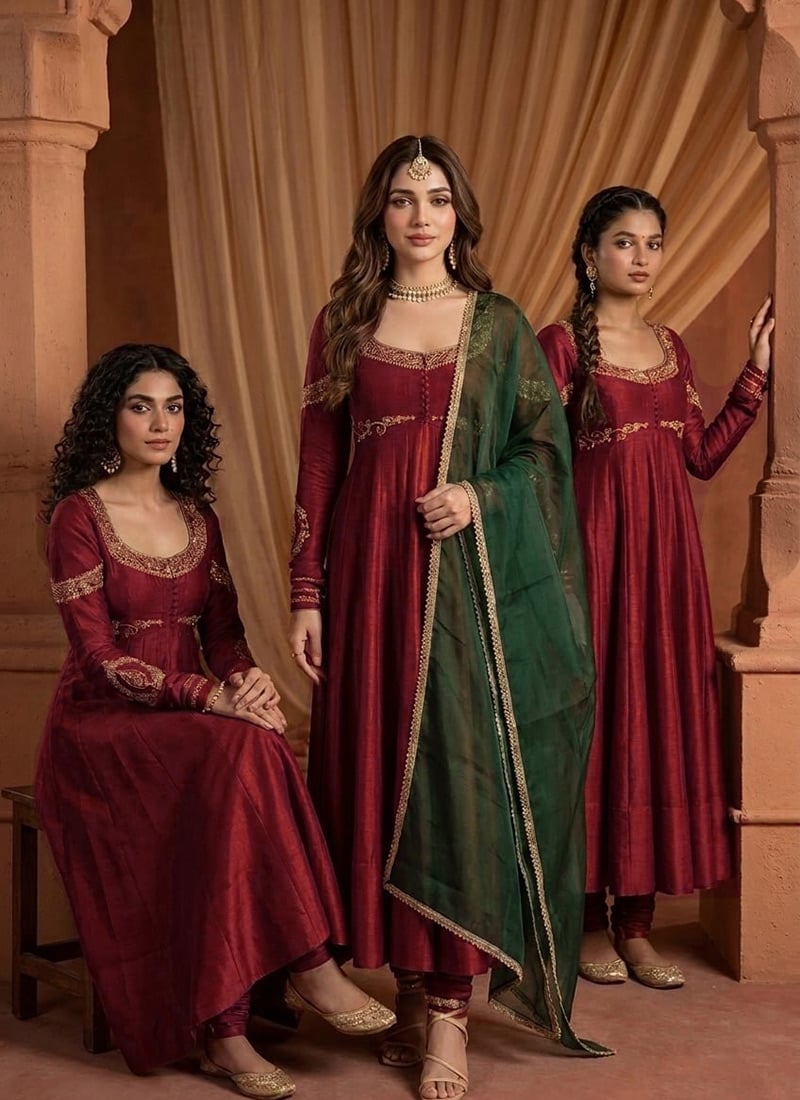 Maroon Silk Zari Sequins Embroidered Anarkali Suit Festive Wear
