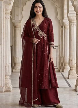 Maroon Silk Zari Sequins Embroidered Angarkha Palazzo Suit