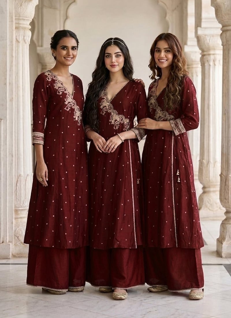 Maroon Silk Zari Sequins Embroidered Angarkha Palazzo Suit Festive Wear
