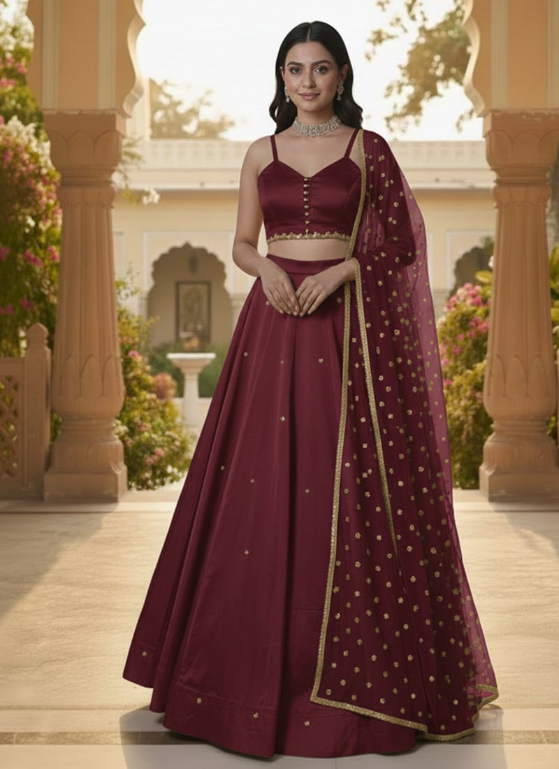 Maroon Silk Zari Sequins Hand Embroidered A Line Lehenga Wedding Wear