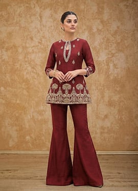 Maroon Silk Zari Sequins Indowestern Bell Bottom Pant Suit