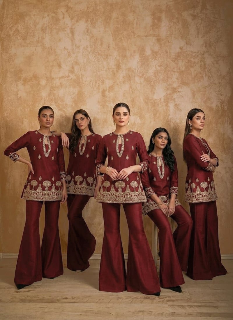 Maroon Silk Zari Sequins Indowestern Bell Bottom Pant Suit After Six Wear
