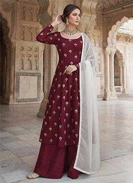 Maroon Silk Zari Sequins Palazzo Suit