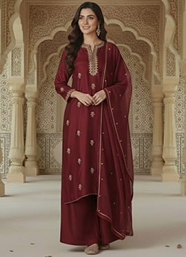 Maroon Silk Zari Sequins Palazzo Suit