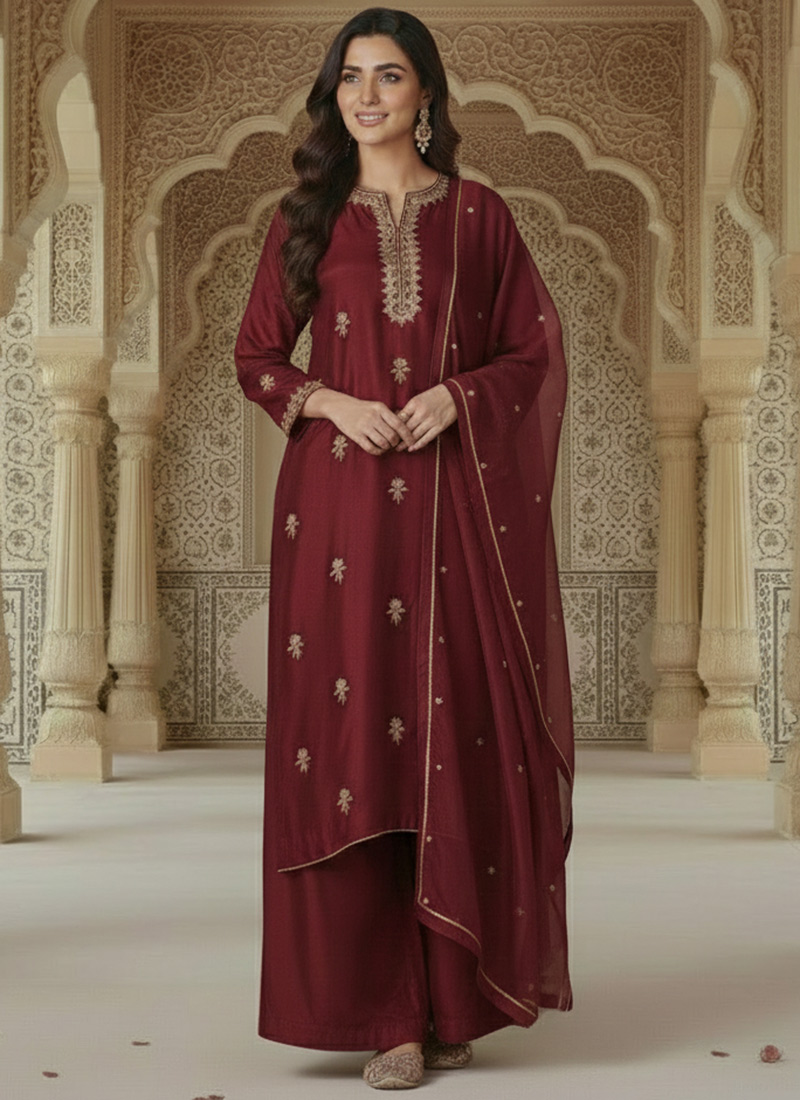 Maroon Silk Zari Sequins Palazzo Suit Festive Wear