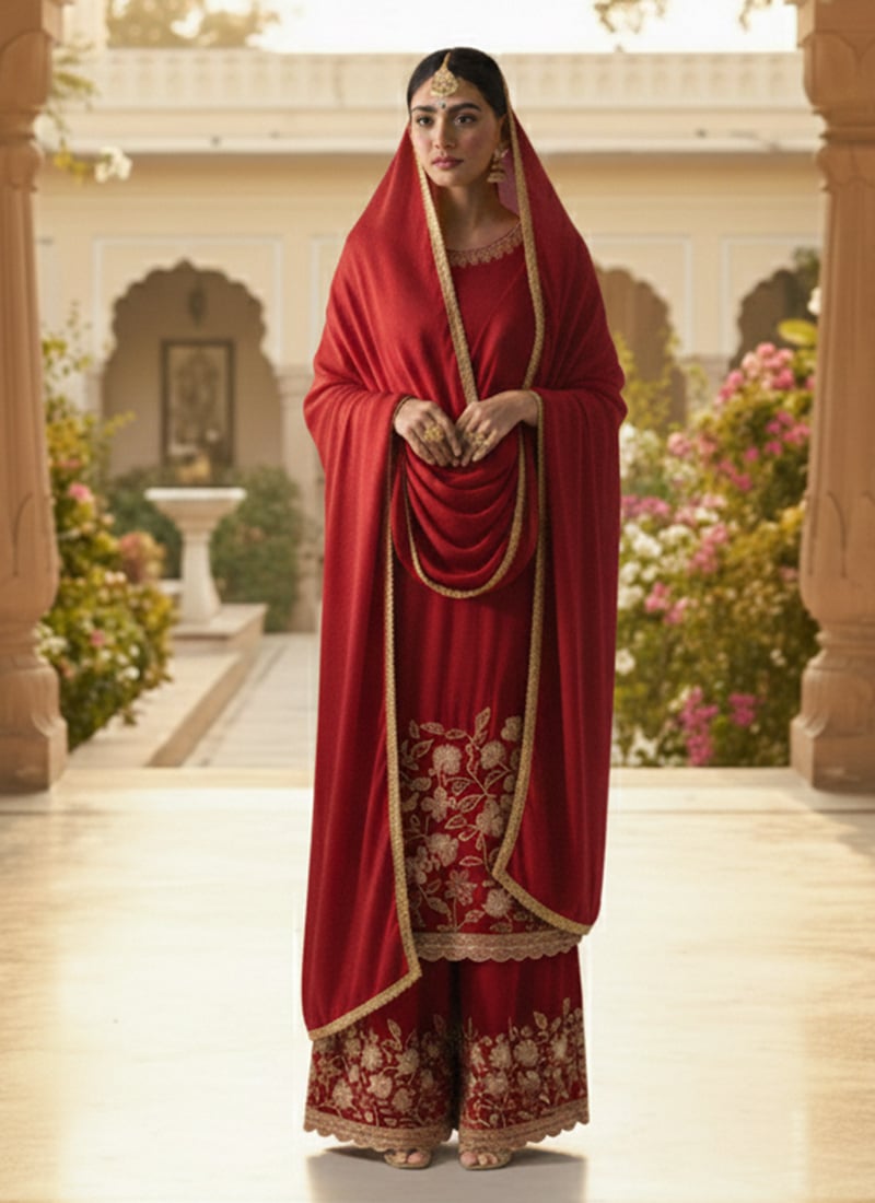 Maroon Silk Zari Sequins Palazzo Suit Festive Wear