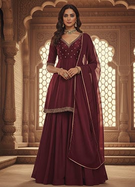 Maroon Silk Zari Sequins Sharara Suit