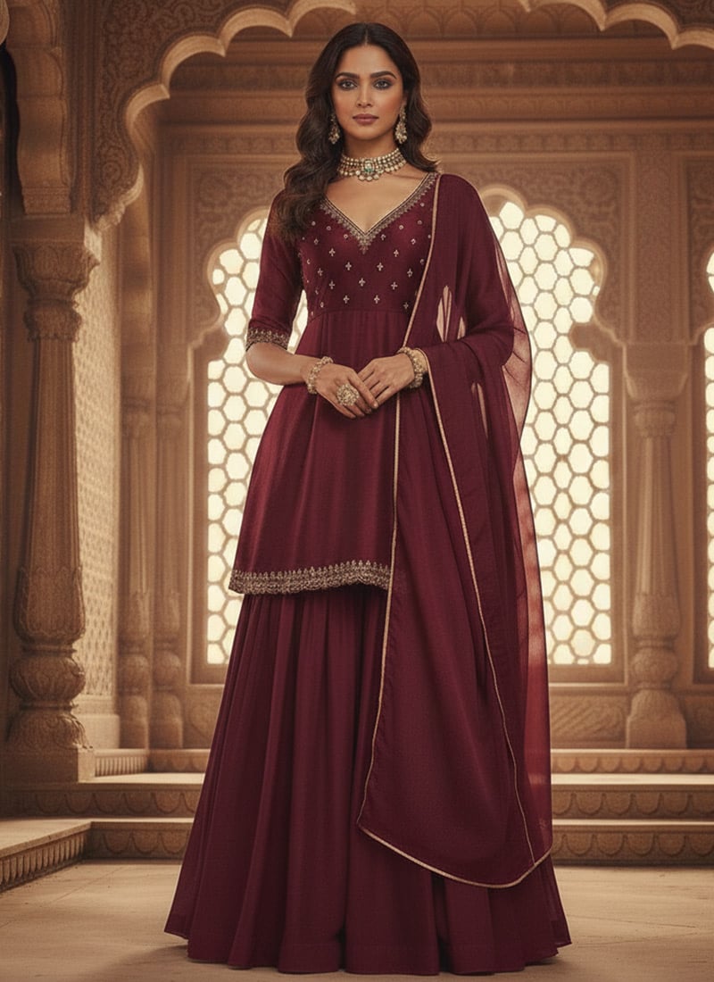 Maroon Silk Zari Sequins Sharara Suit Festive Wear