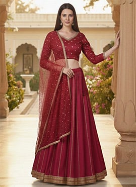 Maroon Silk Zari Sequins Stones Lehenga
