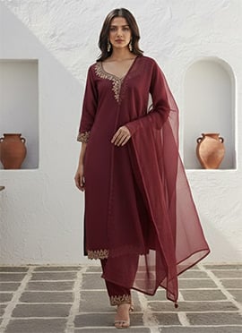 Maroon Silk Zari Sequins Straight Pant Suit