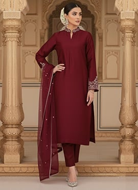 Maroon Silk Zari Sequins Straight Pant Suit