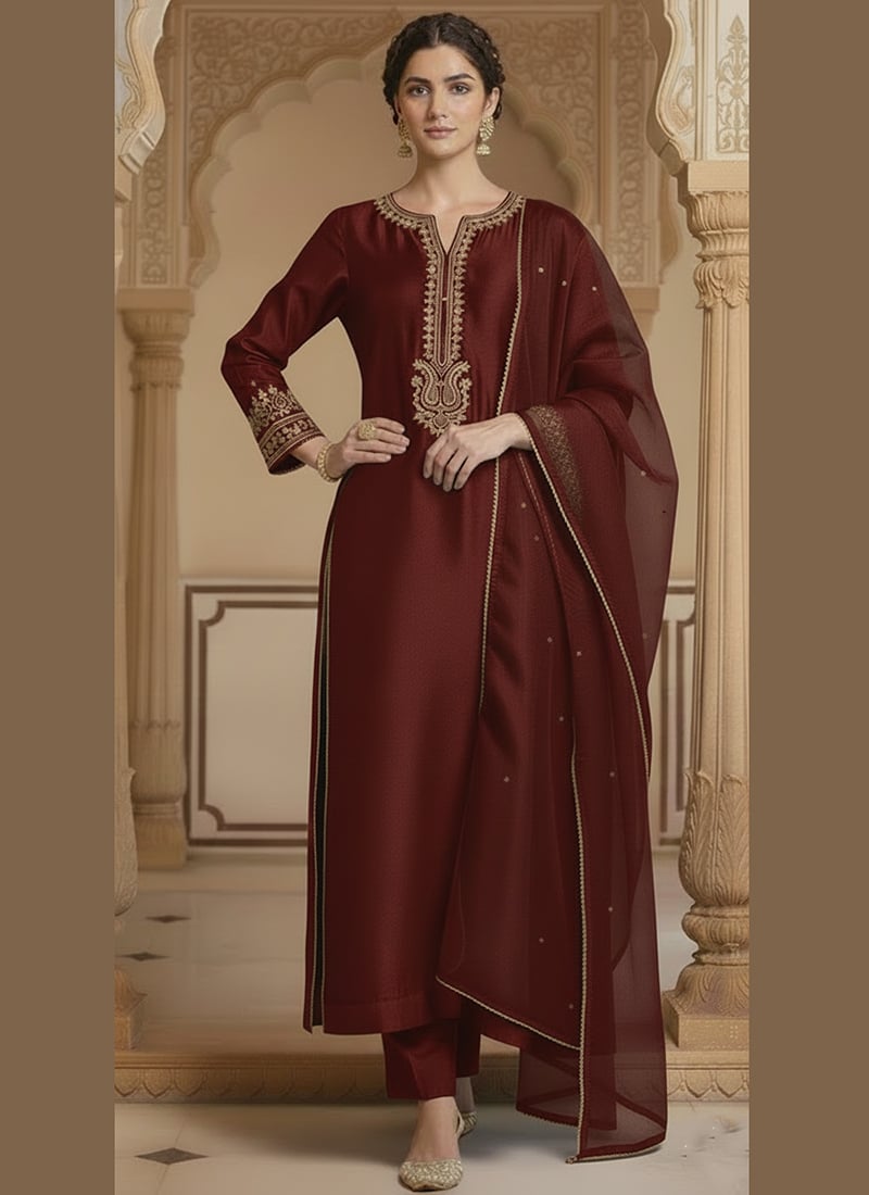 Maroon Silk Zari Sequins Straight Pant Suit Festive Wear