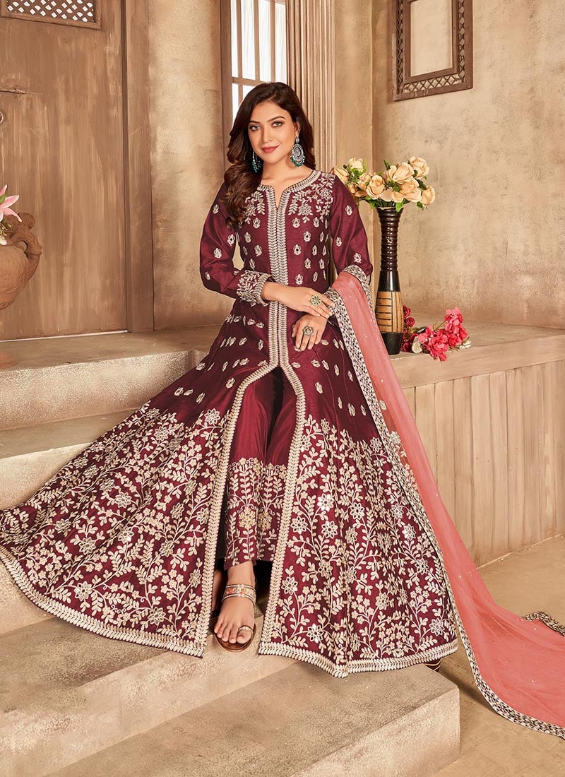 Maroon Soft Art Silk Mirror Embroidery Anarkali Suit Party Wear
