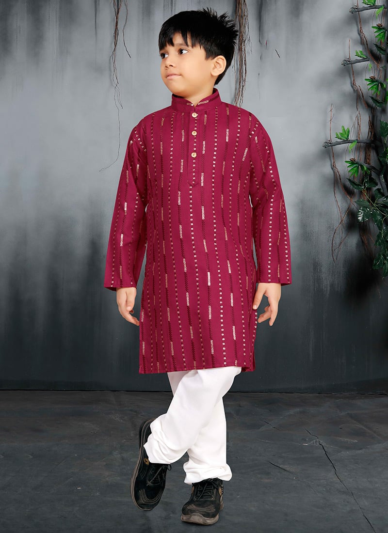 Maroon Soft Cotton Sequins Kids Boys Kurta Pyjama Festive Wear