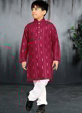 Maroon Soft Cotton Sequins Work Kids Boys Kurta Pyjama