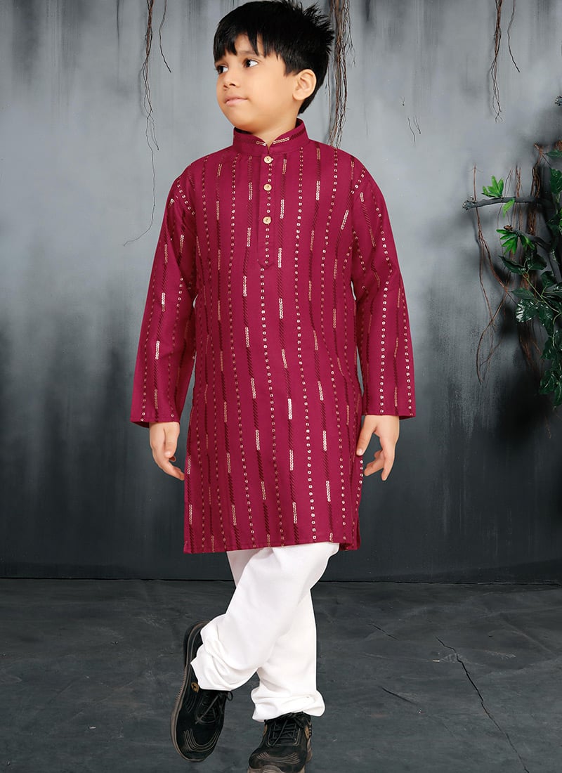 Maroon Soft Cotton Sequins Work Kids Boys Kurta Pyjama Festive Wear