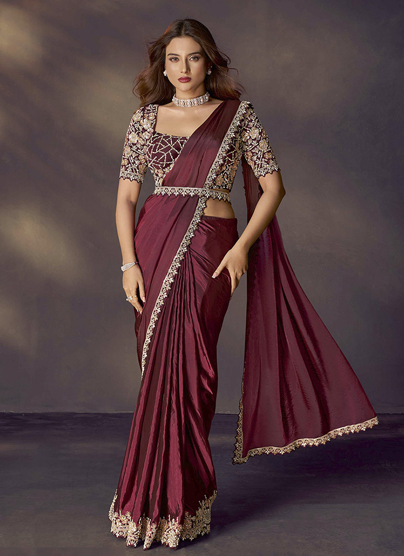 Maroon Soft Silk Hand Embroidered Pre Draped Saree