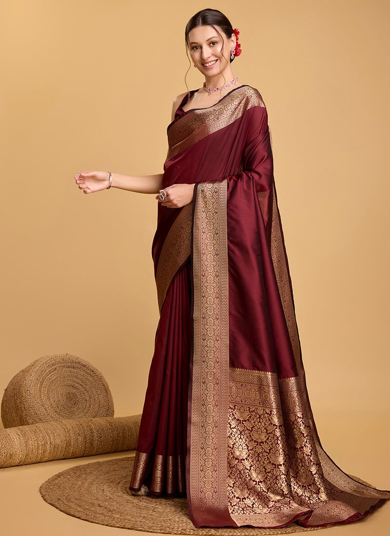 Maroon Soft Silk Zari Woven Regal Saree Festive Wear