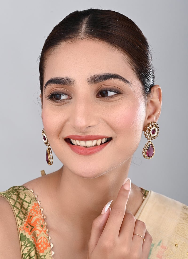 Maroon Stone Studded Teardrop Earrings After Six Wear