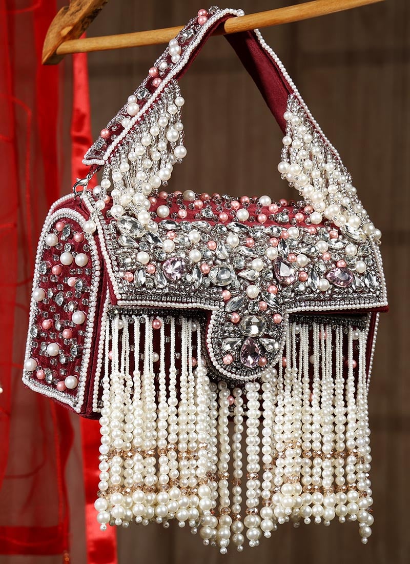 Maroon Suede Crystals Clutch Party Wear