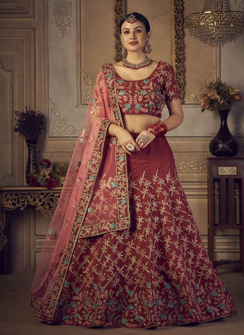 Maroon Taffeta Embroidered A Line Lehenga Wedding Wear
