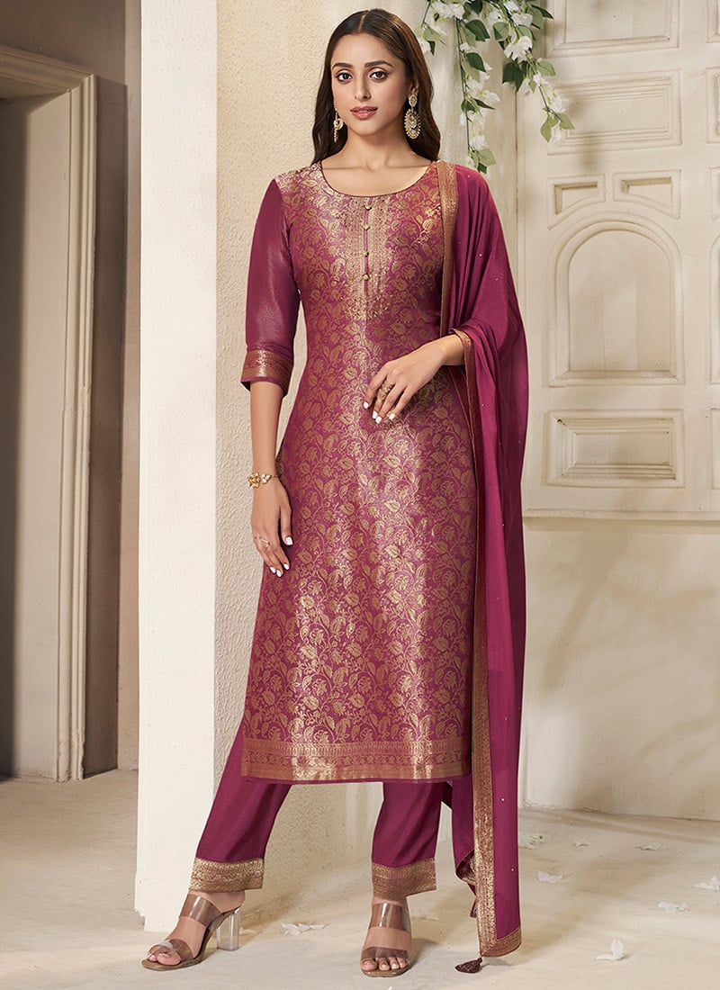 Wine Tissue Silk Jacquard Woven Straight Pant Suit Festive Wear