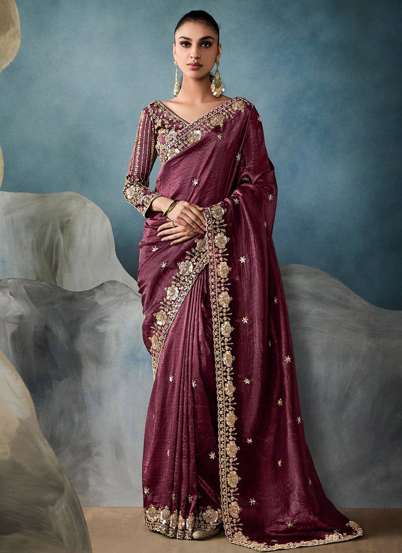 Maroon Tissue Zari And Embroidered Sequins Saree Festive Wear