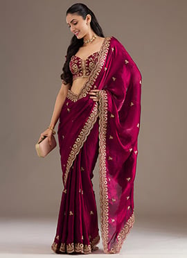 Maroon Tissue Zari Embroidered Sequins With Stone Work Saree