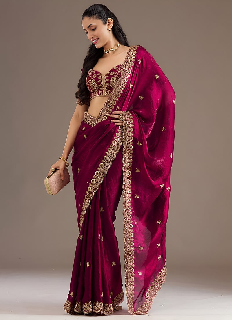Maroon Tissue Zari Embroidered Sequins With Stone Work Saree Wedding Wear
