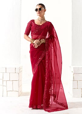 Maroon Tissue Zari Hand Embroidered Sequins Saree