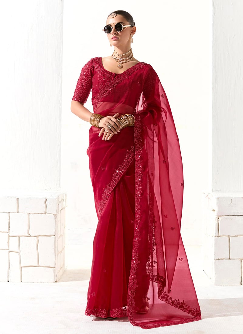 Maroon Tissue Zari Hand Embroidered Sequins Saree Wedding Wear