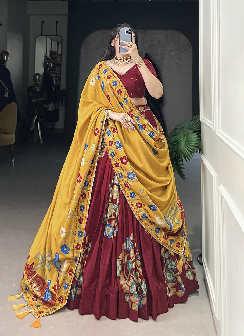 Maroon Tussar Silk Foil Print Lehenga Festive Wear