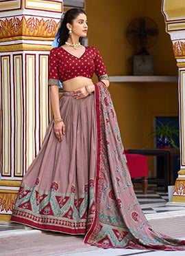Maroon Tussar Silk Foil Print Lehenga