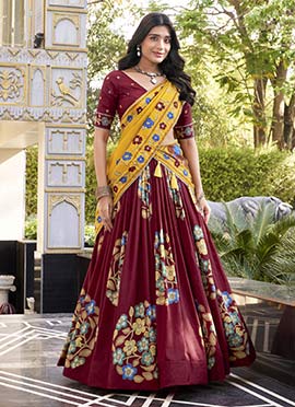 Maroon Tussar Silk Foil Print Lehenga Festive Wear