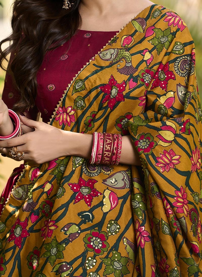 Tussar Unstitched Lehengas Sets with Kalamkari