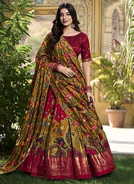 Maroon Tussar Silk Kalamkari Printed Elegant Lehenga Festive Wear