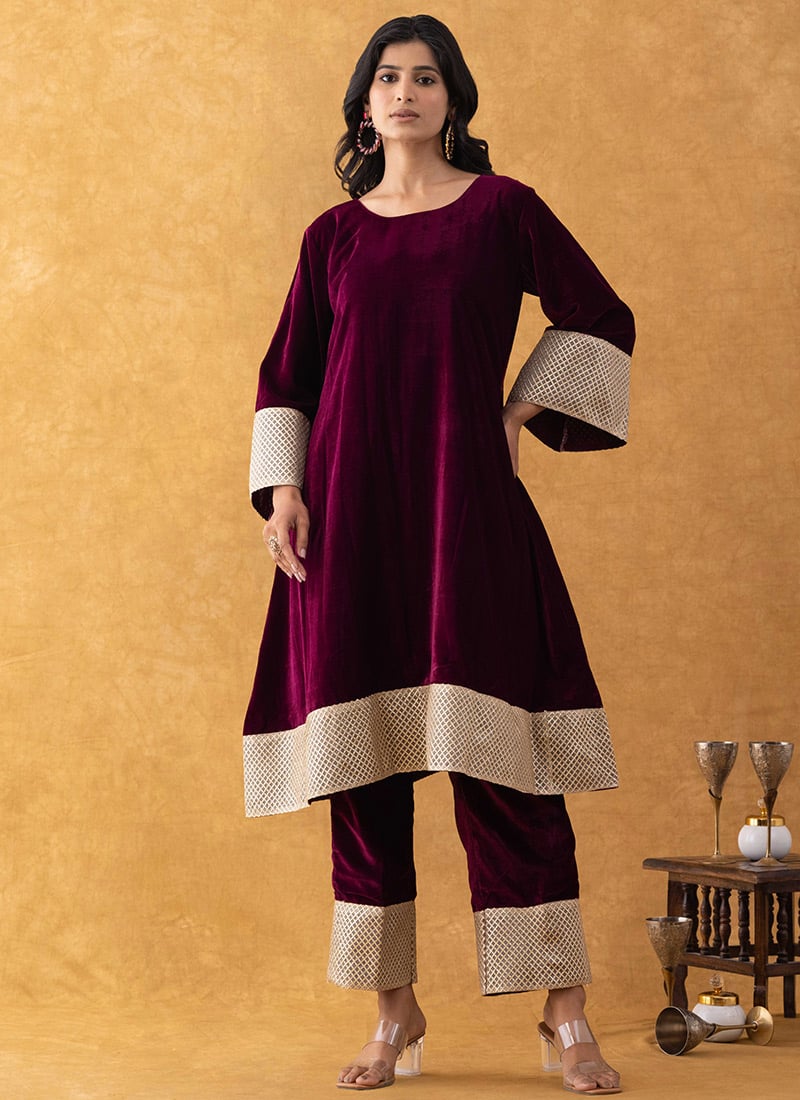 Maroon Velvet  A Line Kurta Straight Pant Set After Six Wear